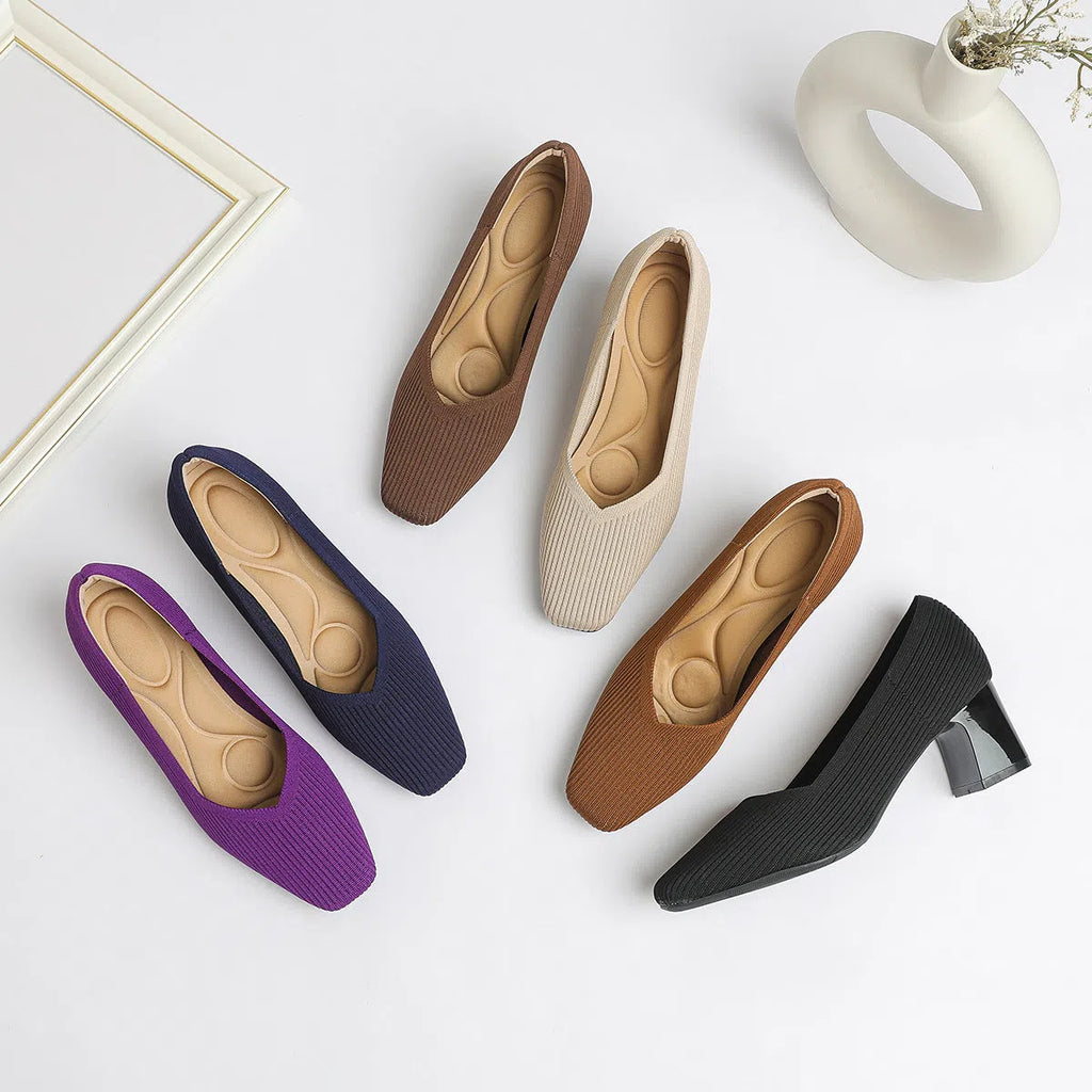 Women's knitted block heel shoes square toe breathable fabric upper mid-heel 3-6cm for commuting