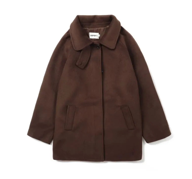 Men's brown woolen coat double breasted lapel mid-length loose fit long sleeve winter coat