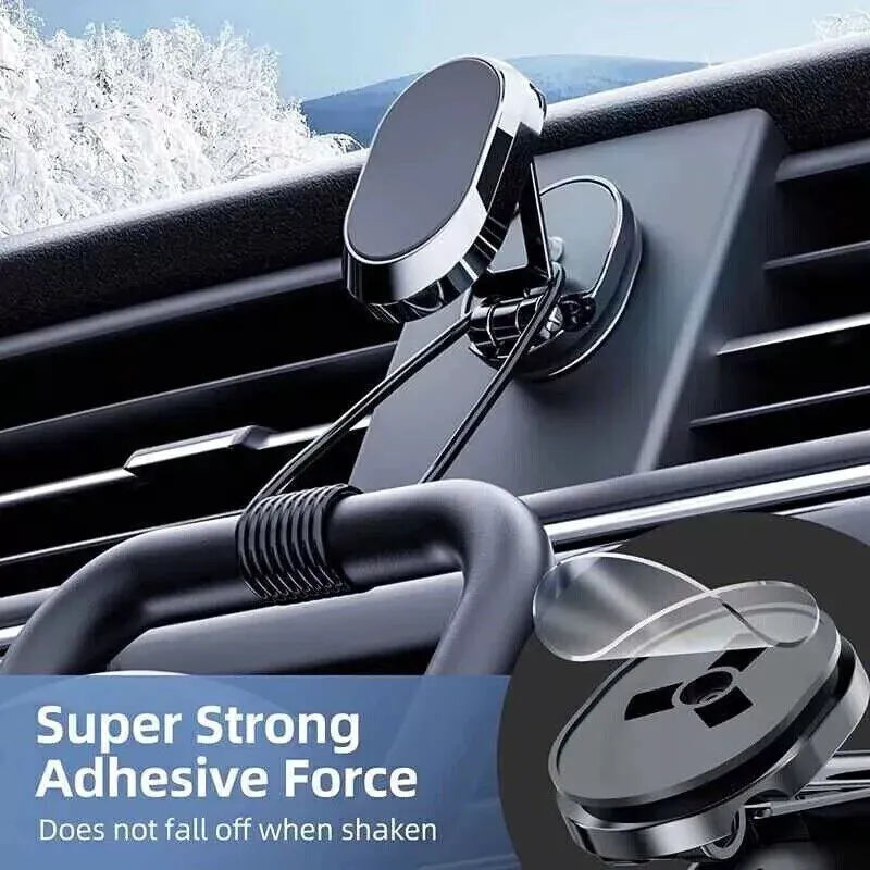 Chrome magnetic car phone holder dashboard mount folded and extended views showing foldable bracket and adhesive base