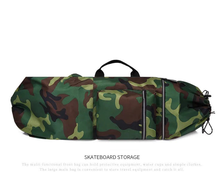 Lightweight waterproof nylon skate backpack in camouflage colour, shown with skateboard and fishing rod.