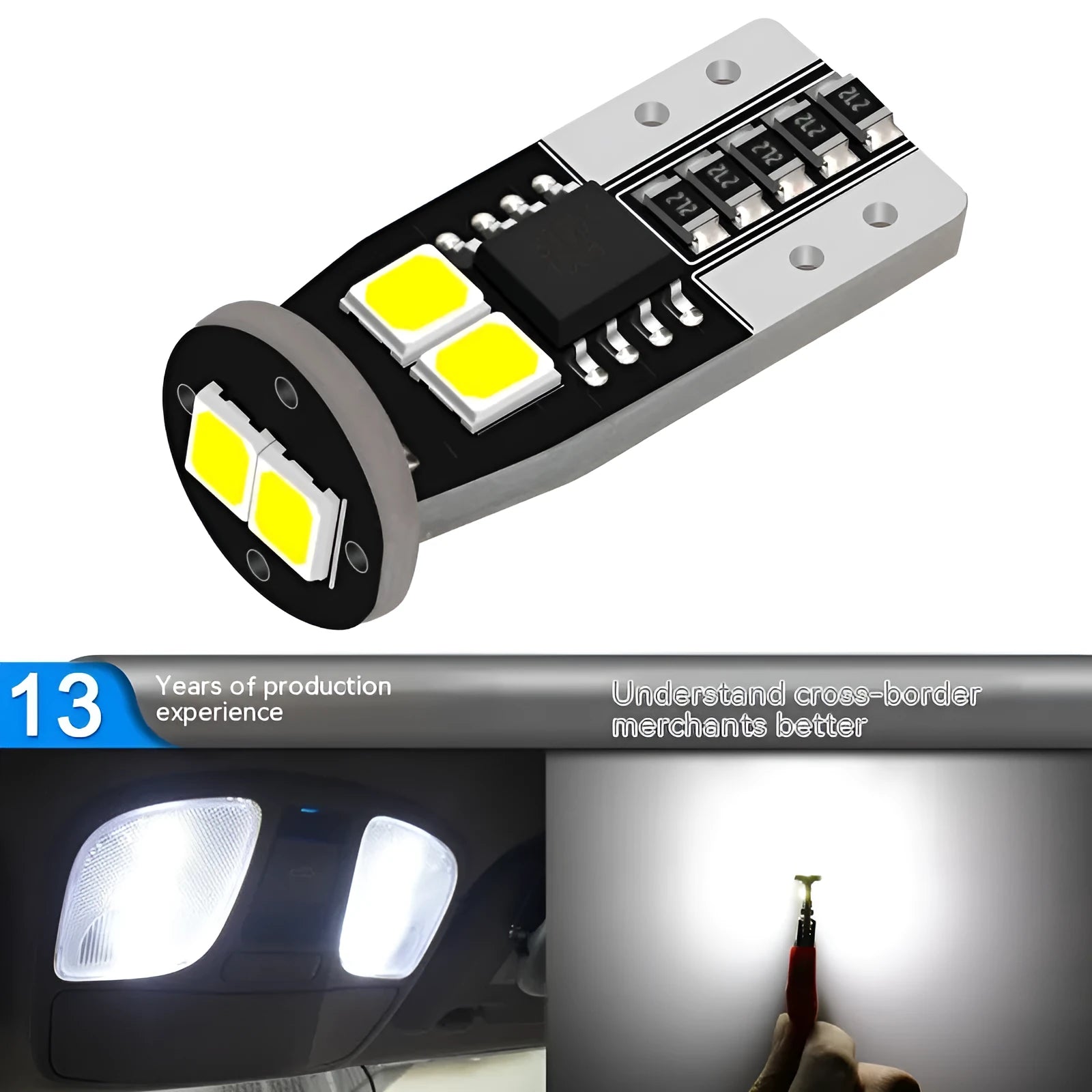 Compact car number plate reading light with 10mm width and fibre-glass construction