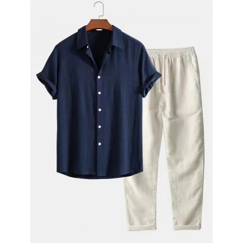 Men's casual linen blend short sleeve shirt and full-length trousers set on a hanger.