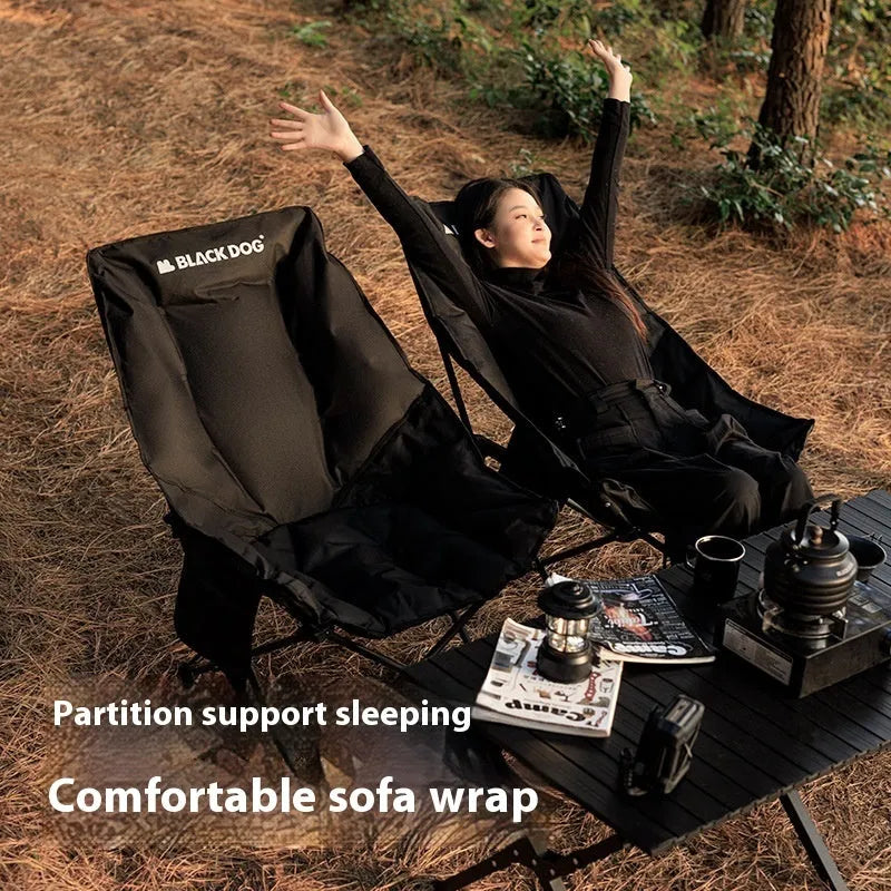 Black Oxford cloth folding moon chair with thickened seat cushion in folded position
