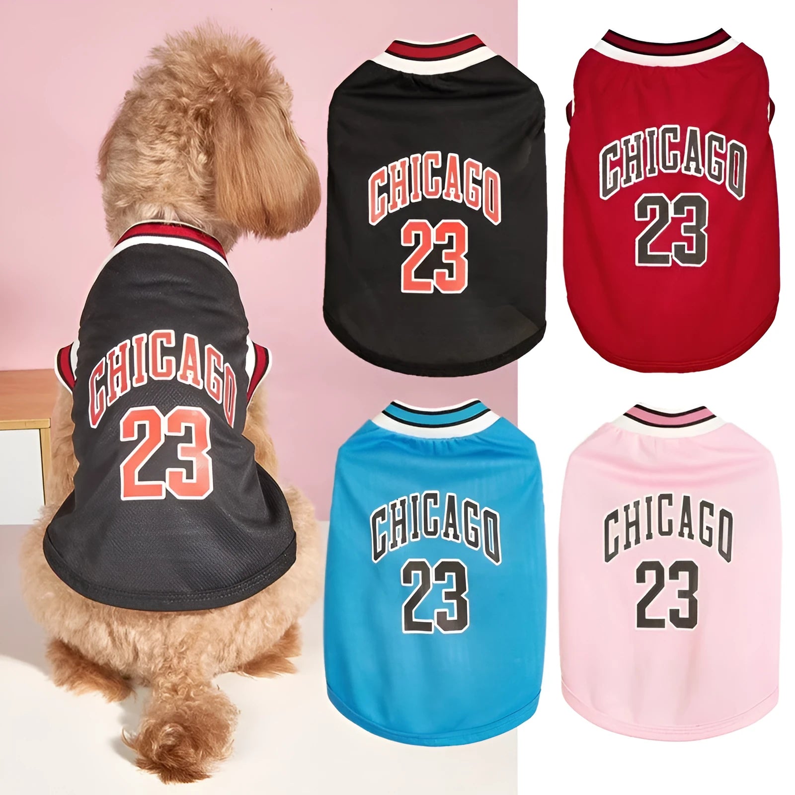 Dog wearing a black mesh polyester basketball vest with number 23 print, side view