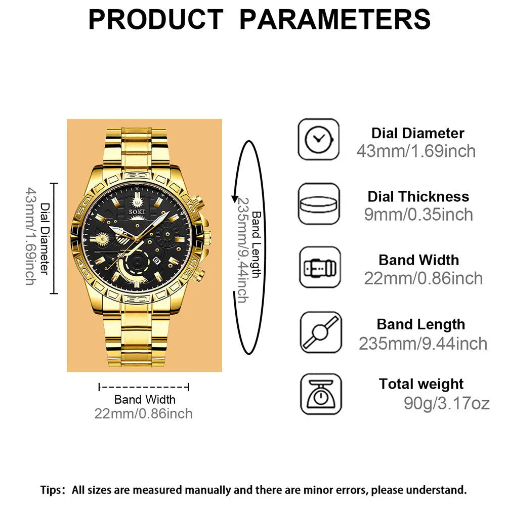 Men's gold-coloured business watch with stainless steel strap and calendar display.