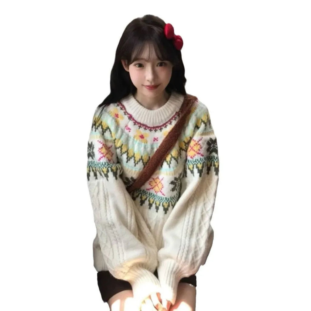 Milky white women's knitwear pullover with loose lantern sleeves and a Mori-style texture.