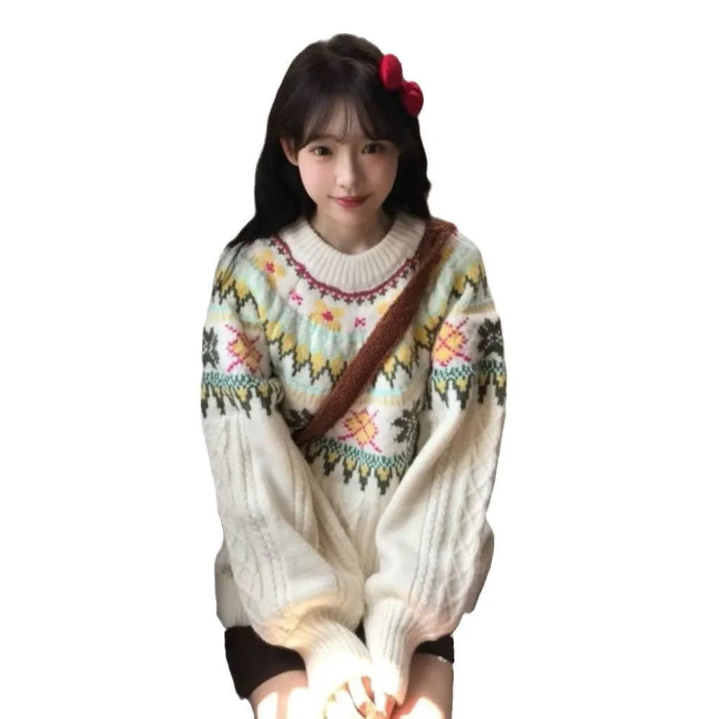 Milky white women's knitwear pullover with loose lantern sleeves and a Mori-style texture.