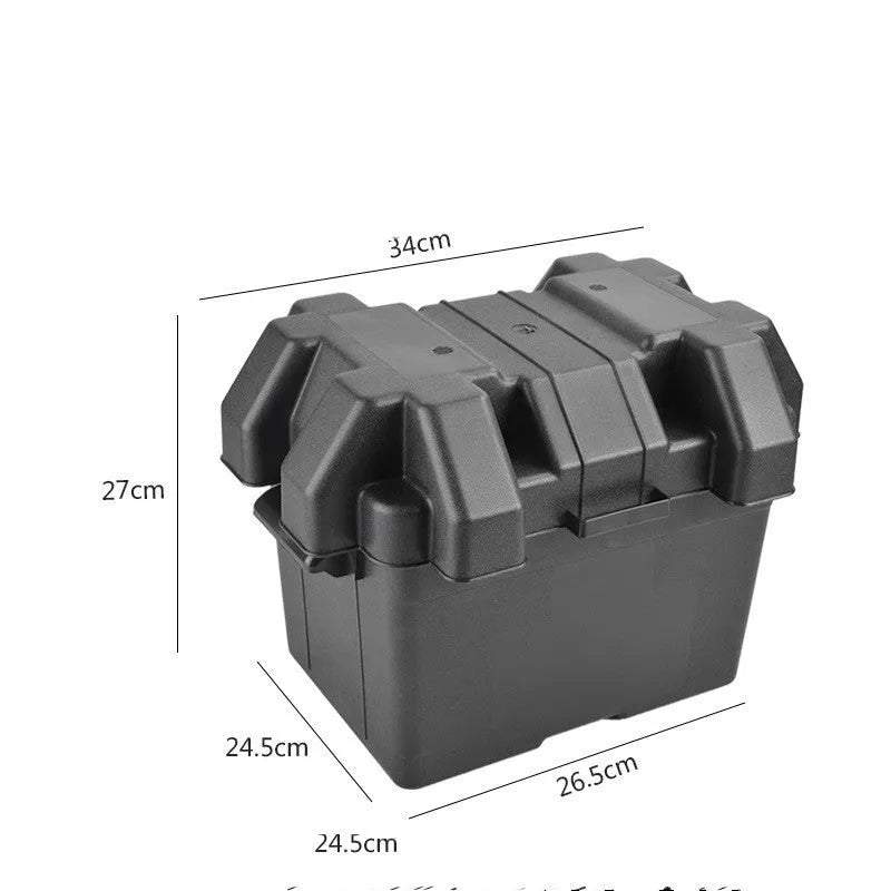 Black battery storage box showing strap and screw fixing system with internal compartment