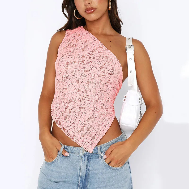Women's backless lace sleeveless top with asymmetrical neckline in solid colour streetwear style