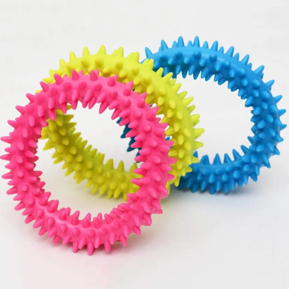 TPR spiky circle ring dog chew toy in assorted colours for dental cleaning and bite training