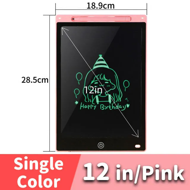LCD drawing tablet for kids in light blue, showing colourful lines drawn with a plastic stylus.