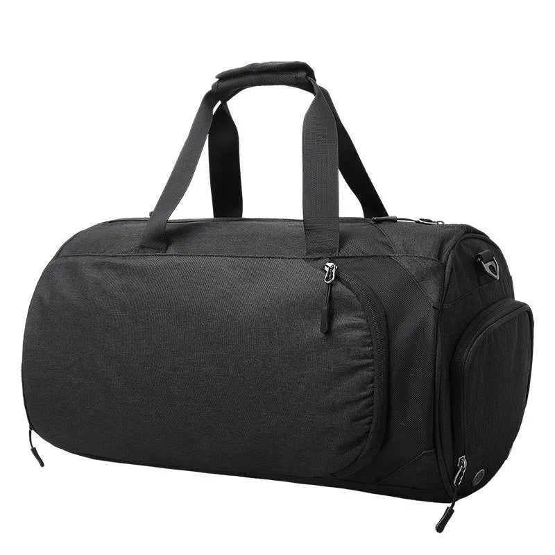 Men's light grey Oxford cloth travel bag showing oval shape, single strap, and internal organisation compartments.