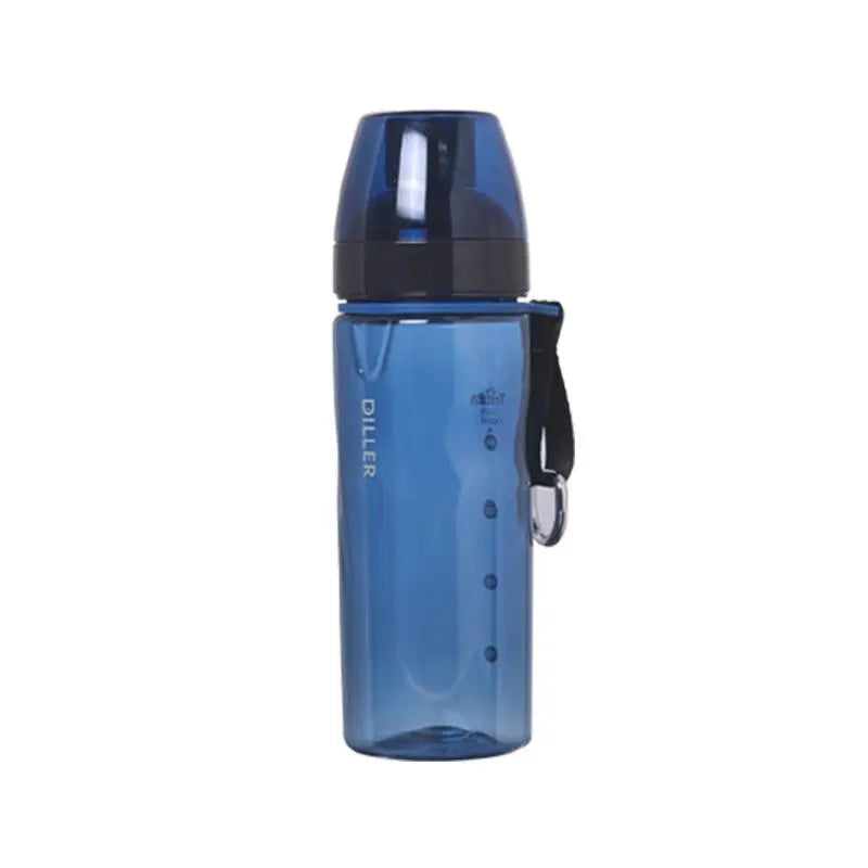 Blue portable sports water cup with a separate internal tea compartment and Chinese style design.