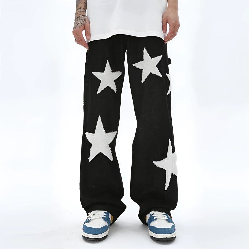 Men's five pointed star flocked embroidered straight tube jeans in black denim