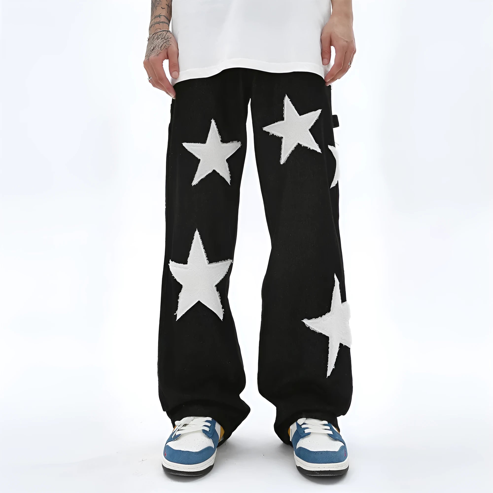Men's five pointed star flocked embroidered straight tube jeans in black denim