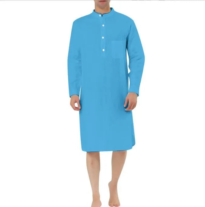 Men's cotton shirt robe in light blue with front pocket and long sleeves on a model