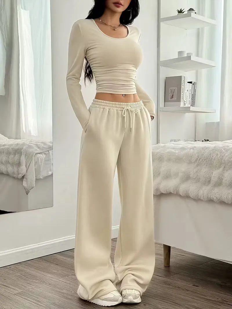 Women's long sleeve solid colour vest pants suit beige white knitted retro two-piece set
