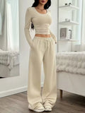 Women's long sleeve solid colour vest pants suit beige white knitted retro two-piece set