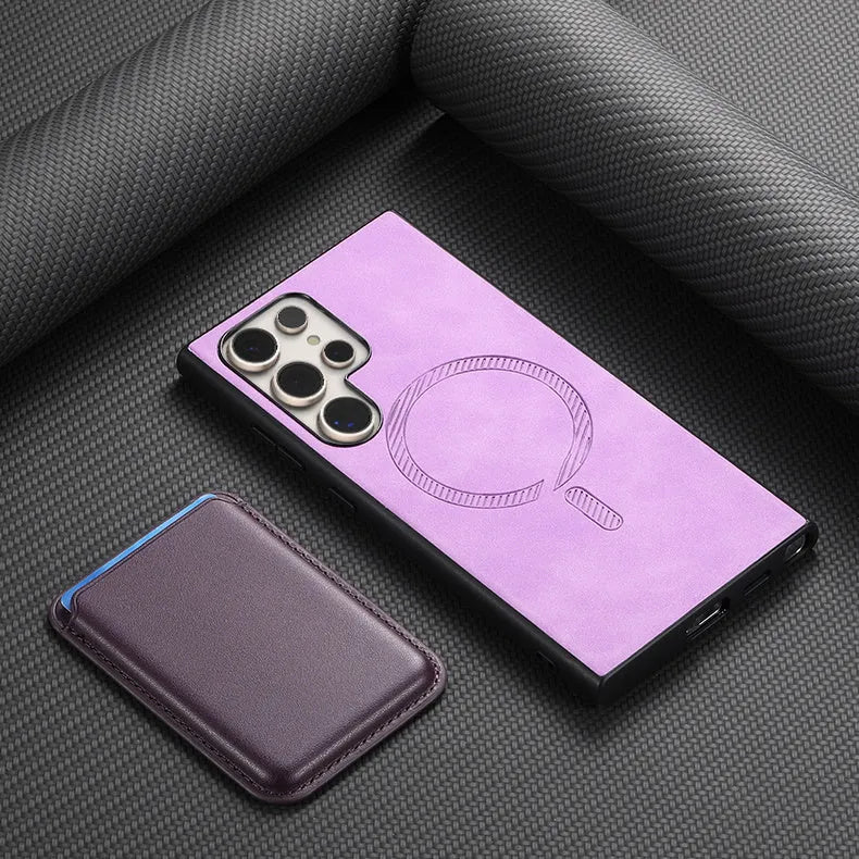 Ultra-thin silicone anti-fall phone cover for Samsung Galaxy with card case and magnetic charging support in black colour