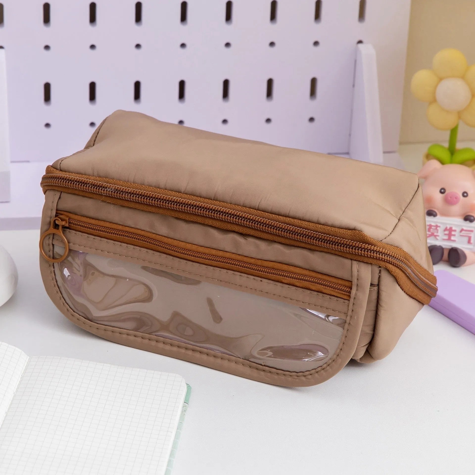 Korean-style canvas pencil case with 10-layer flip design open to show multiple compartments