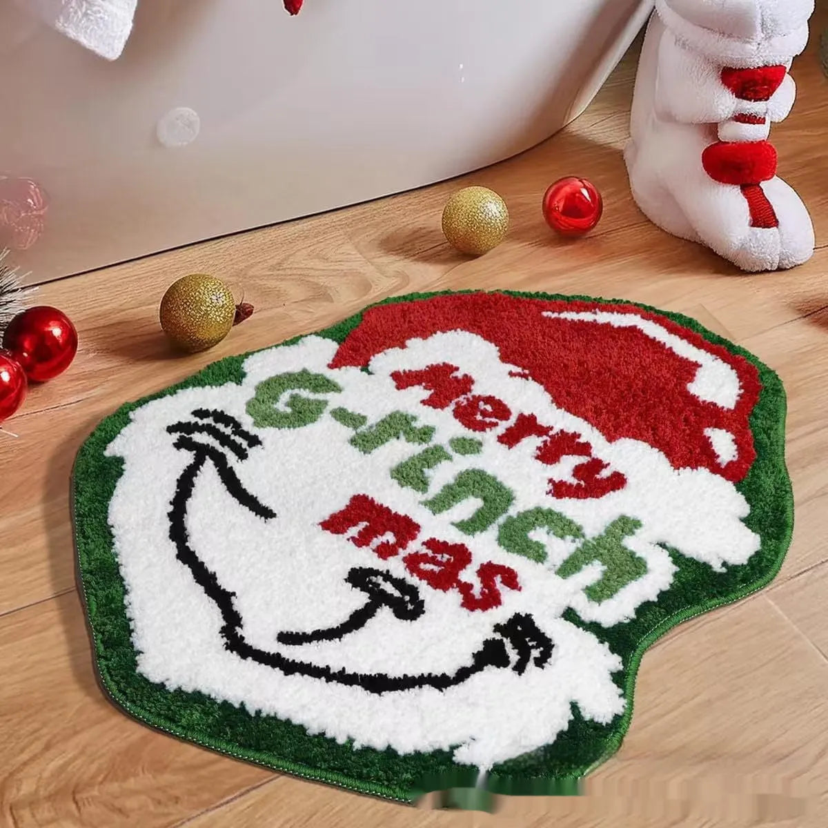 Christmas hallway mat with irregular shape and festive printed designs including Santa Claus pattern