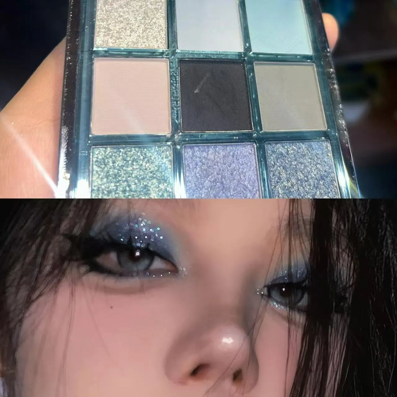 MUGELEEN 08 nine-colour eye shadow palette showing blue smoked tones with matte and shimmer finishes