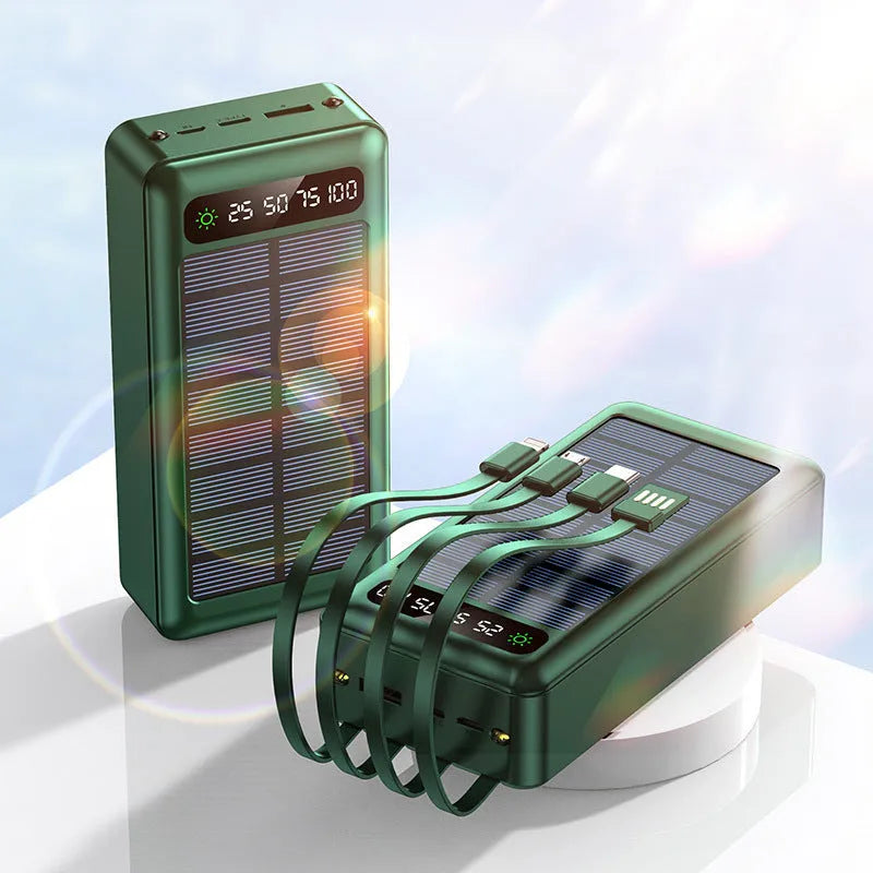 Black, white, and green solar power bank with 30000 mAh capacity and charging cable