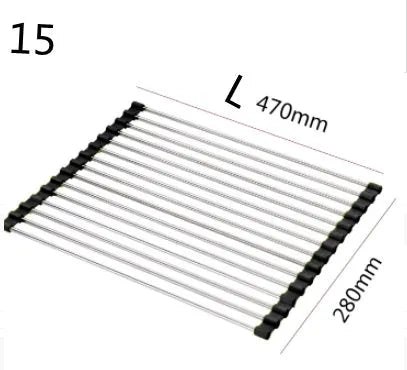 Stainless steel folding kitchen sink drain rack shown in a choice of colours