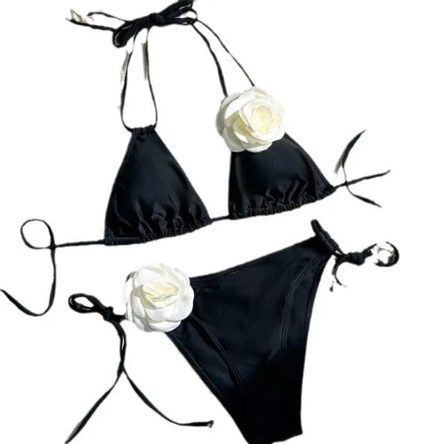 Black women's bikini swimsuit with 3D flower pattern and drawstring lace detailing on two-piece swimwear