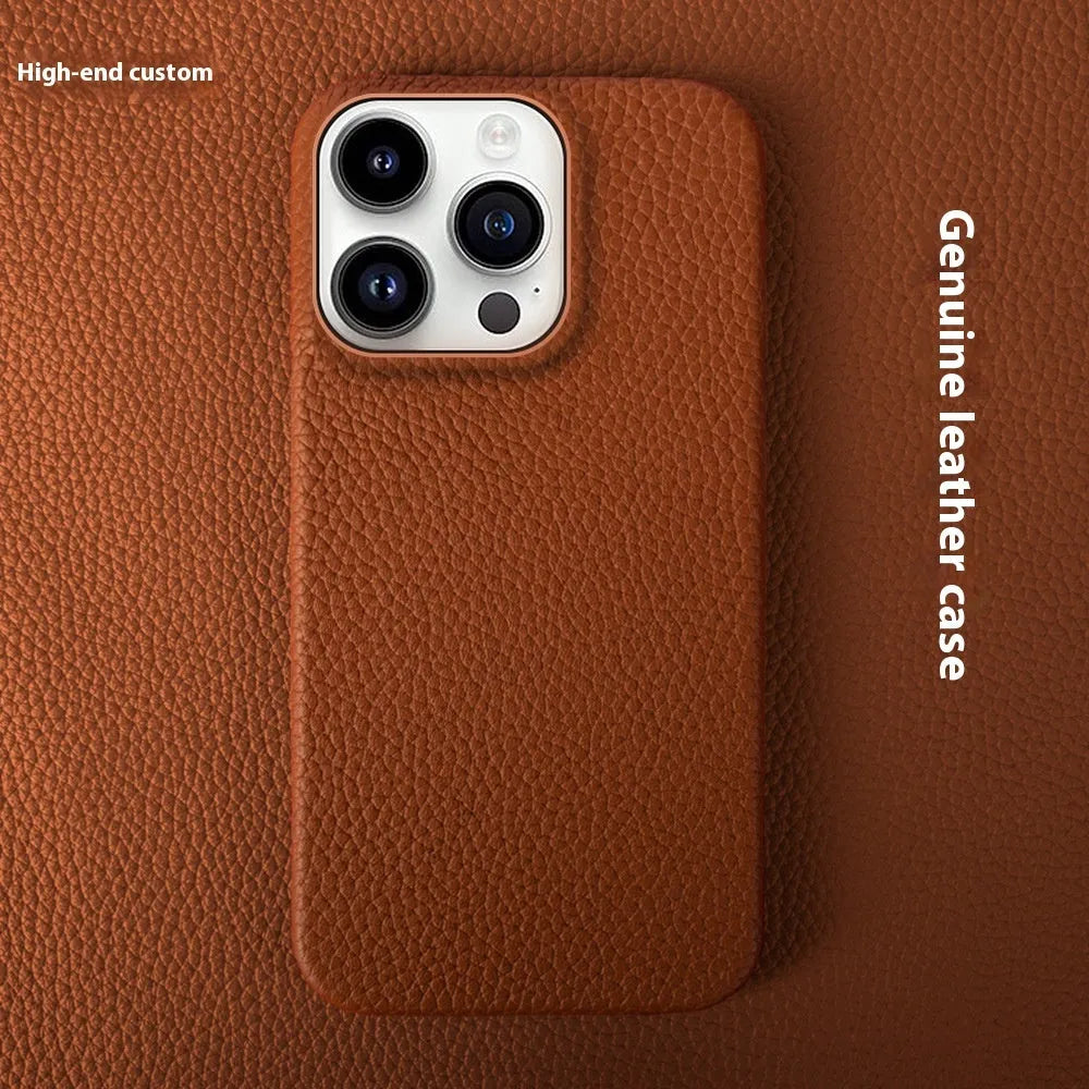 Genuine leather drop-resistant half-pack phone case for iPhone in black