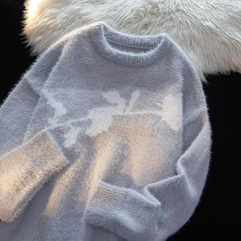 Men's cotton sweater with flocked horse motif design in apricot colour, showing pullover style with long sleeves