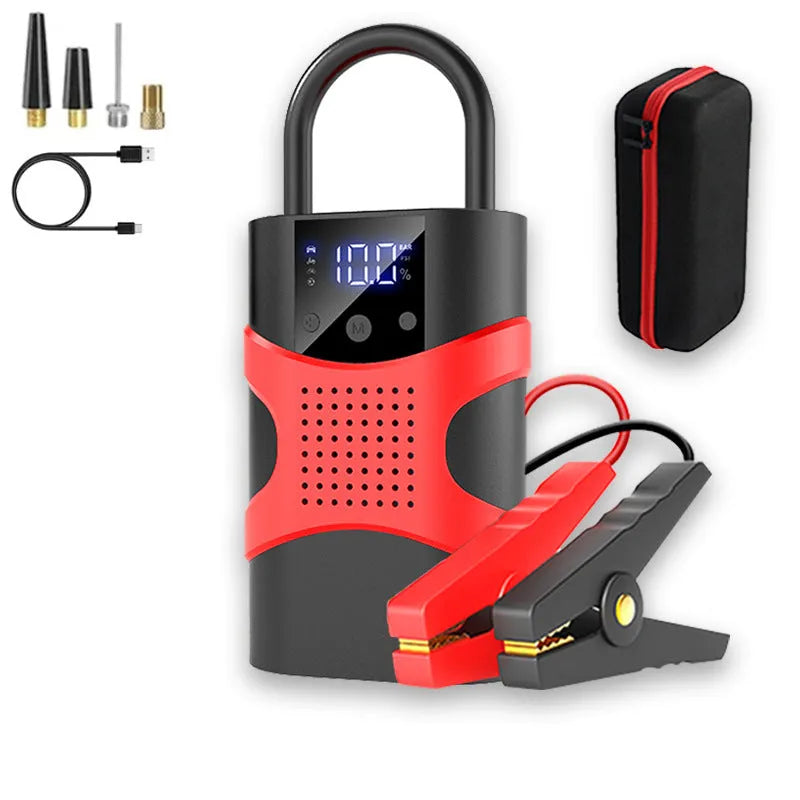 Portable car emergency jump starter with digital display air pump on a dark background