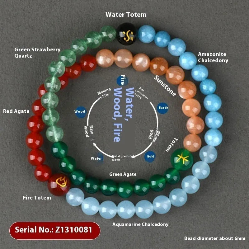 Handmade women's crystal double ring bracelet in five elements colours on a wrist.