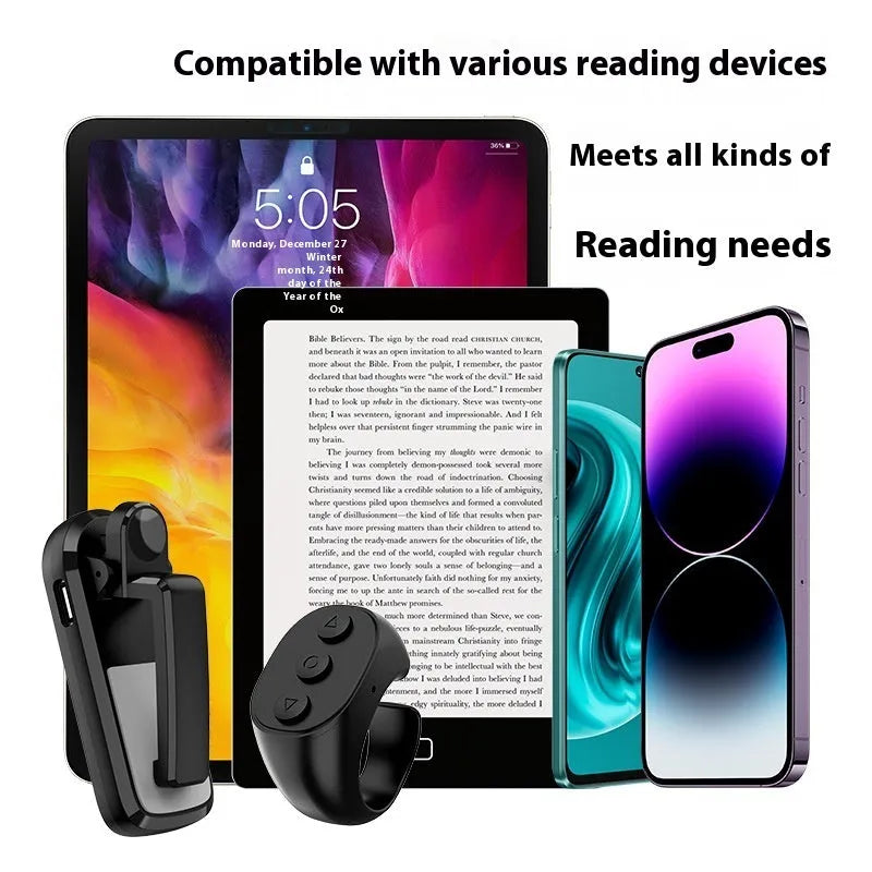 Smart wireless page turner remote with finger clicker for Kindle tablets and phones in black pink or white.