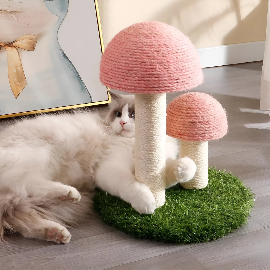 Pink mushroom-shaped cat scratching post with natural sisal caps and pole for small cats
