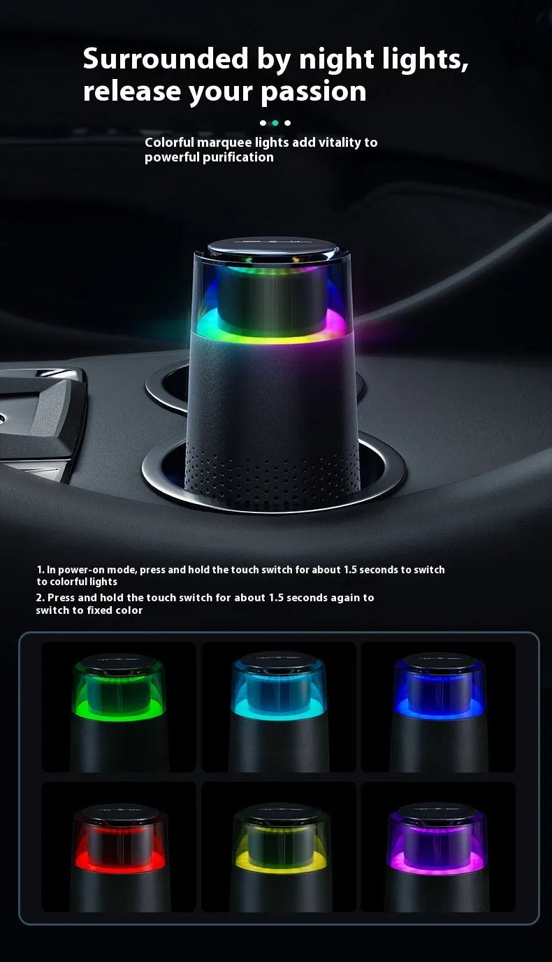 Black 5W car air purifier with horse running light and USB cable on a flat surface