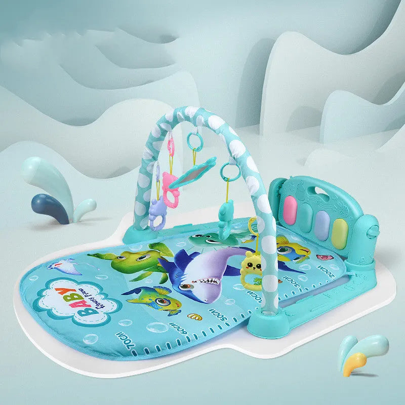 A blue baby fitness frame with a pedal piano and hanging toys for infant development.