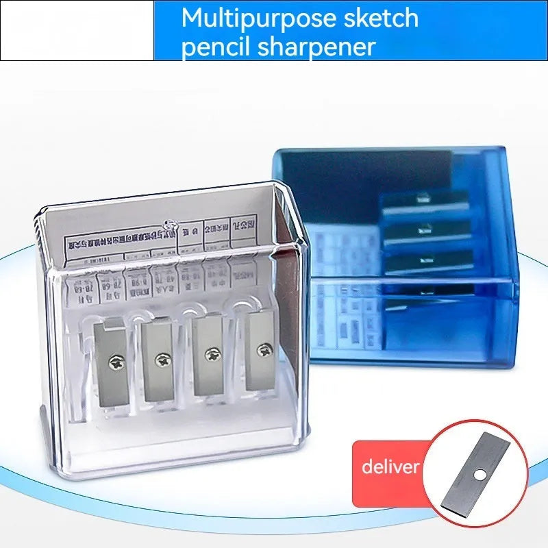 Geometric shaped four-hole plastic pencil sharpener for art sketching with built-in screwdriver tool.