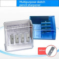 Geometric shaped four-hole plastic pencil sharpener for art sketching with built-in screwdriver tool.