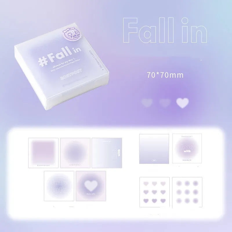 70x70mm paper brick notepad with gradient cover alongside sticky notes, post-its, and stickers.