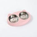 Blue macaron-shaped plastic pet feeder tray with two bowls for cat or dog food and water.