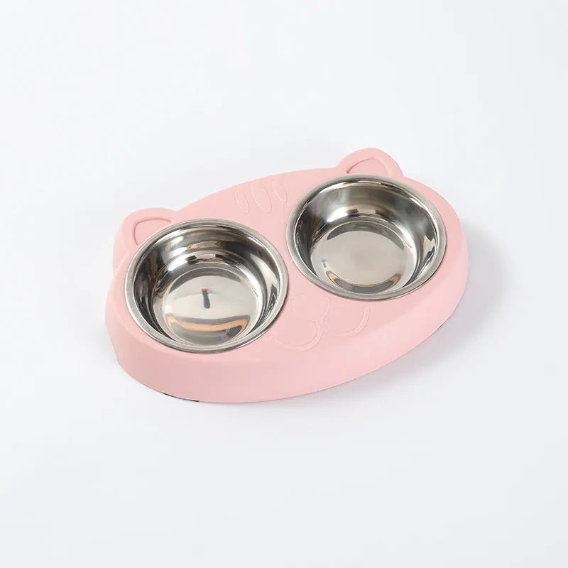 Blue macaron-shaped plastic pet feeder tray with two bowls for cat or dog food and water.
