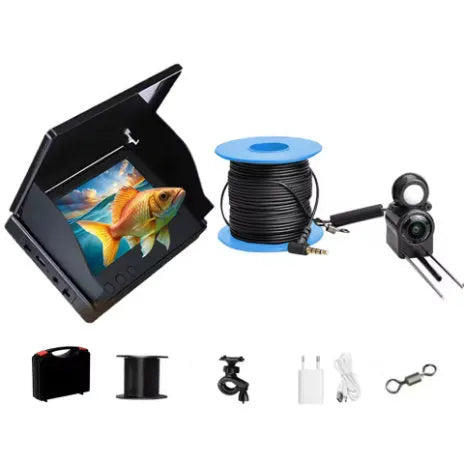 Fish finder underwater HD camera with 4.3-inch screen, temperature sensor, and long video cable.