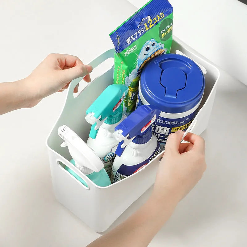 White PE plastic storage box with handle for bathroom laundry detergent and household sundries organisation