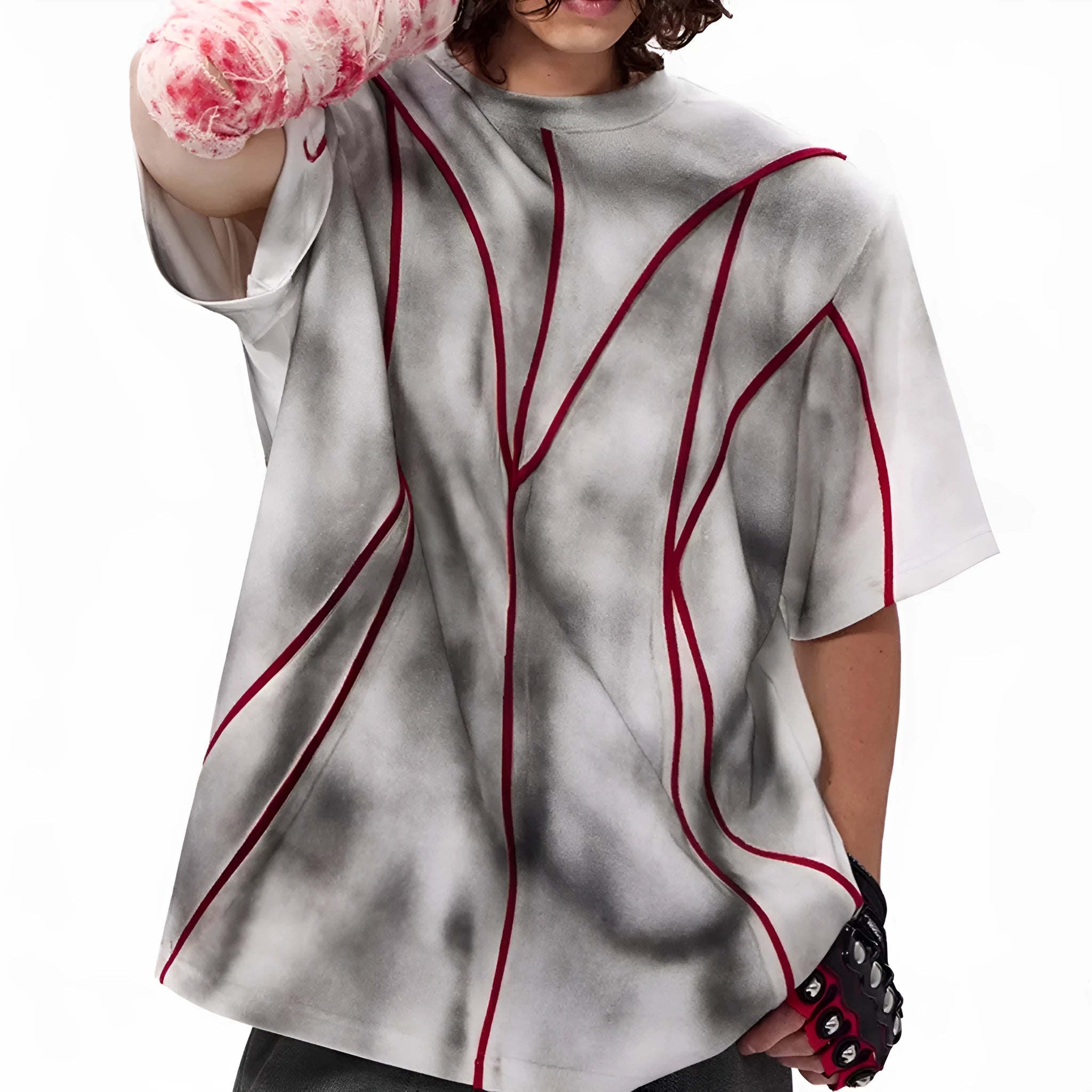Women's short sleeve T-shirt with padded shoulders and raised line patchwork design in a round neck style.
