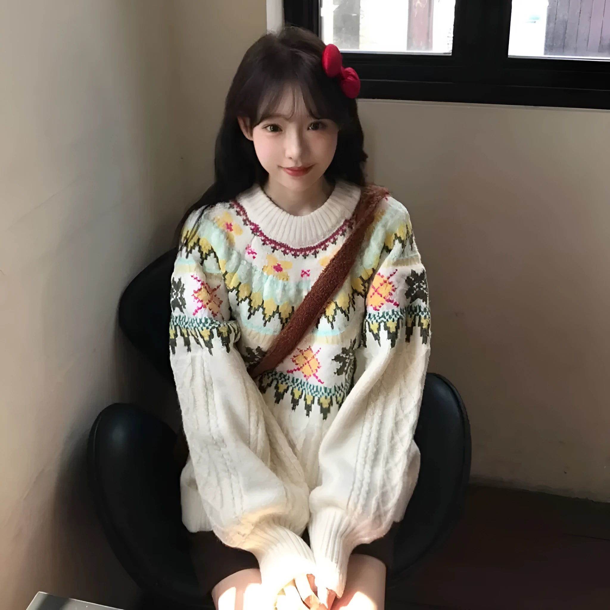 Milky white women's knitwear pullover with loose lantern sleeves and a Mori-style texture.