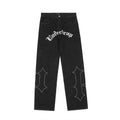 European American Style Letter Embroidered Jeans Straight Trousers Black Cotton Denim Cowboy Fabric No Stretch M L XL 2XL 3XL 4XL