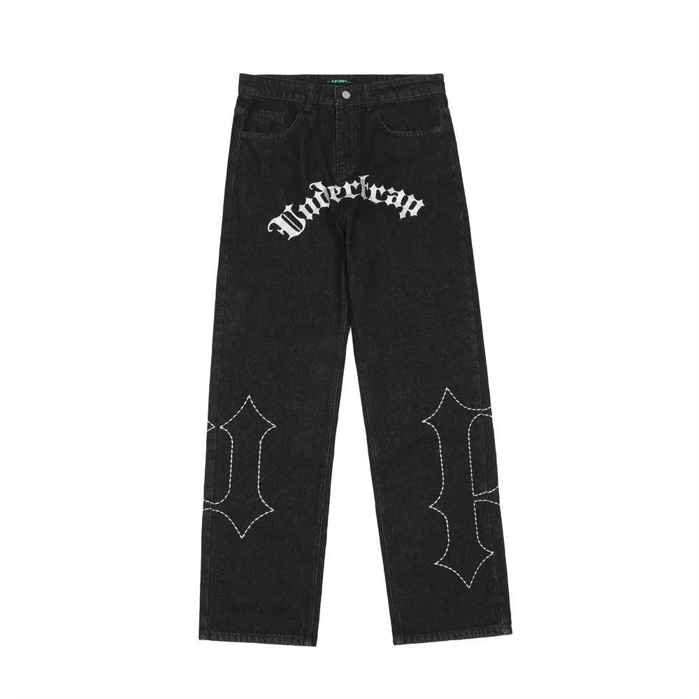 European American Style Letter Embroidered Jeans Straight Trousers Black Cotton Denim Cowboy Fabric No Stretch M L XL 2XL 3XL 4XL