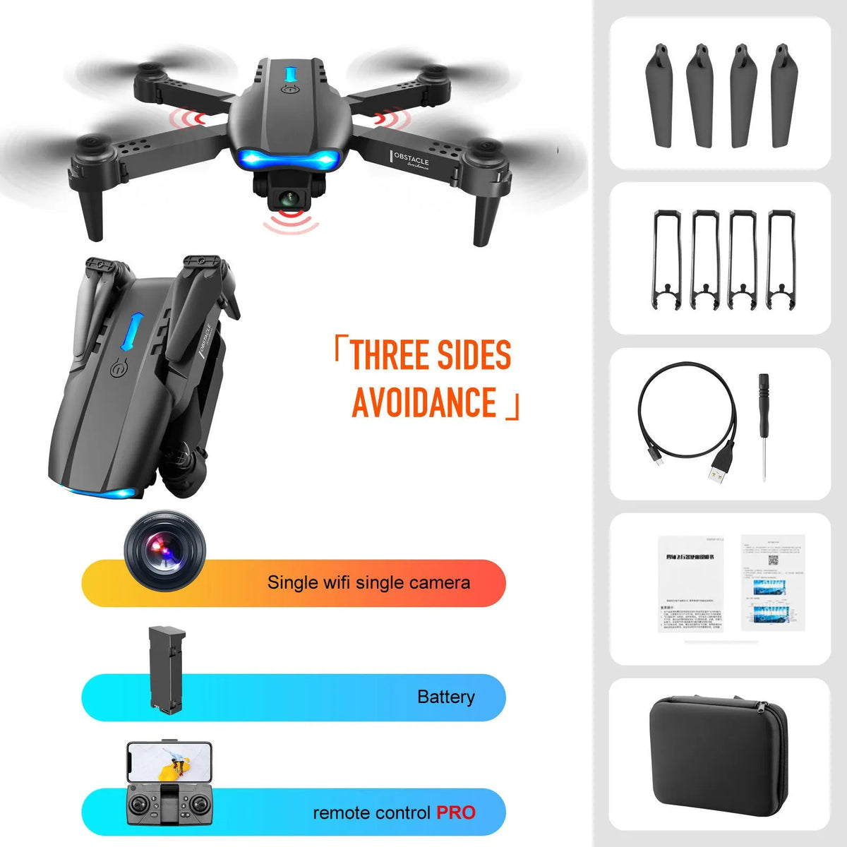 Black 4K dual camera drone with three-sided obstacle avoidance and foldable design