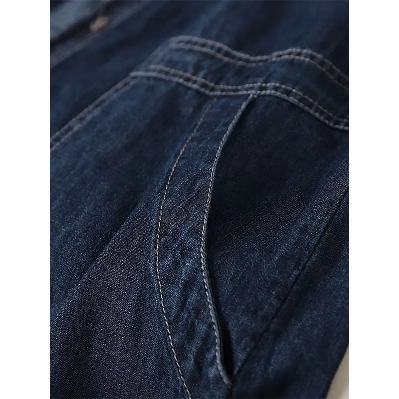 Long sleeve solid colour hooded denim top in Denim Blue with large front pocket
